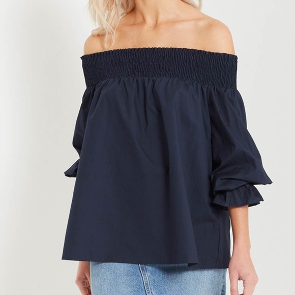 New Navy Blue Off Shoulder Cotton Top Bow XS S M L - Picture 2 of 6